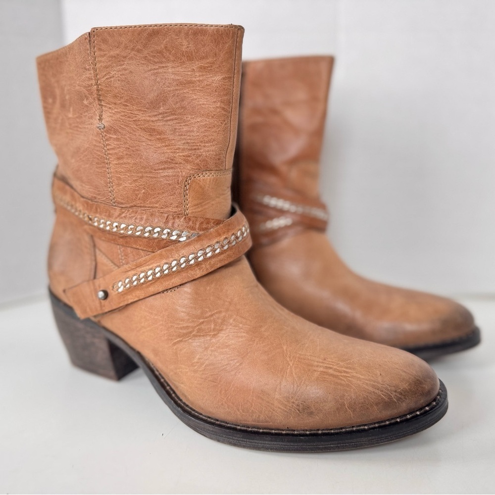 ETWOB Light Brown Leather Wrap Harness Western Cowgirl Block Heel Short Boot 39